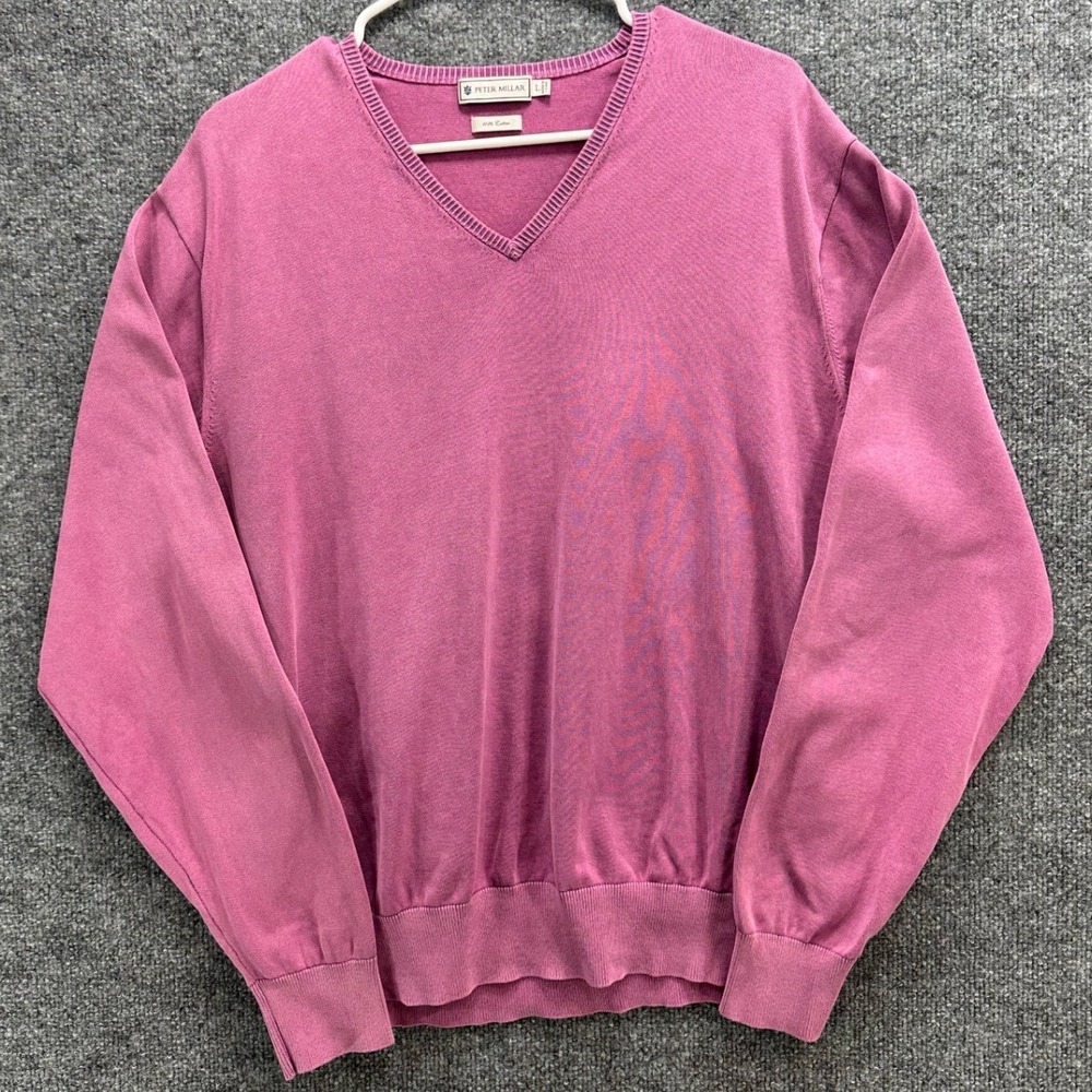 Peter Millar Mens Large Pink 100% Cotton V-Neck Long Sleeve Knit Sweater